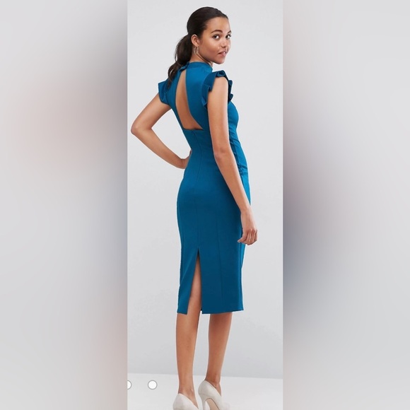 ASOS|Teal Midi high neck pencil dress with cut out back and shoulder detail••• - Picture 4 of 14